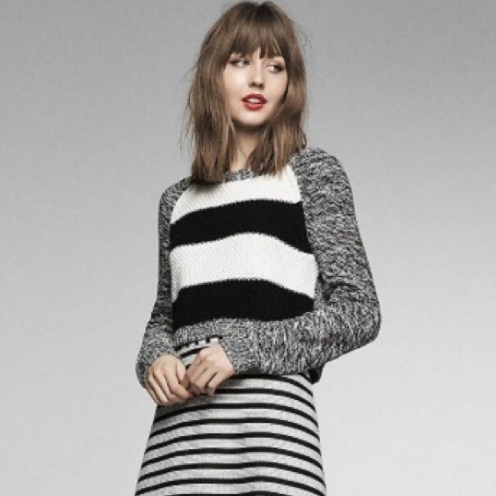 Express Black and White Crew Neck Sweater with Textured Sleeves